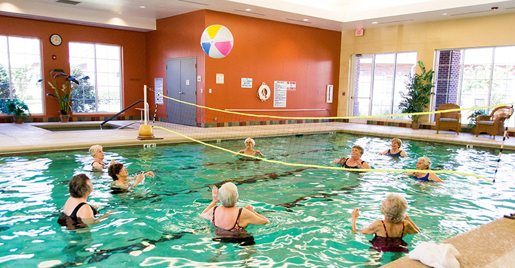 nine NorCCRA members watch a beach ball go over the net as they play a game of waterball in the pool